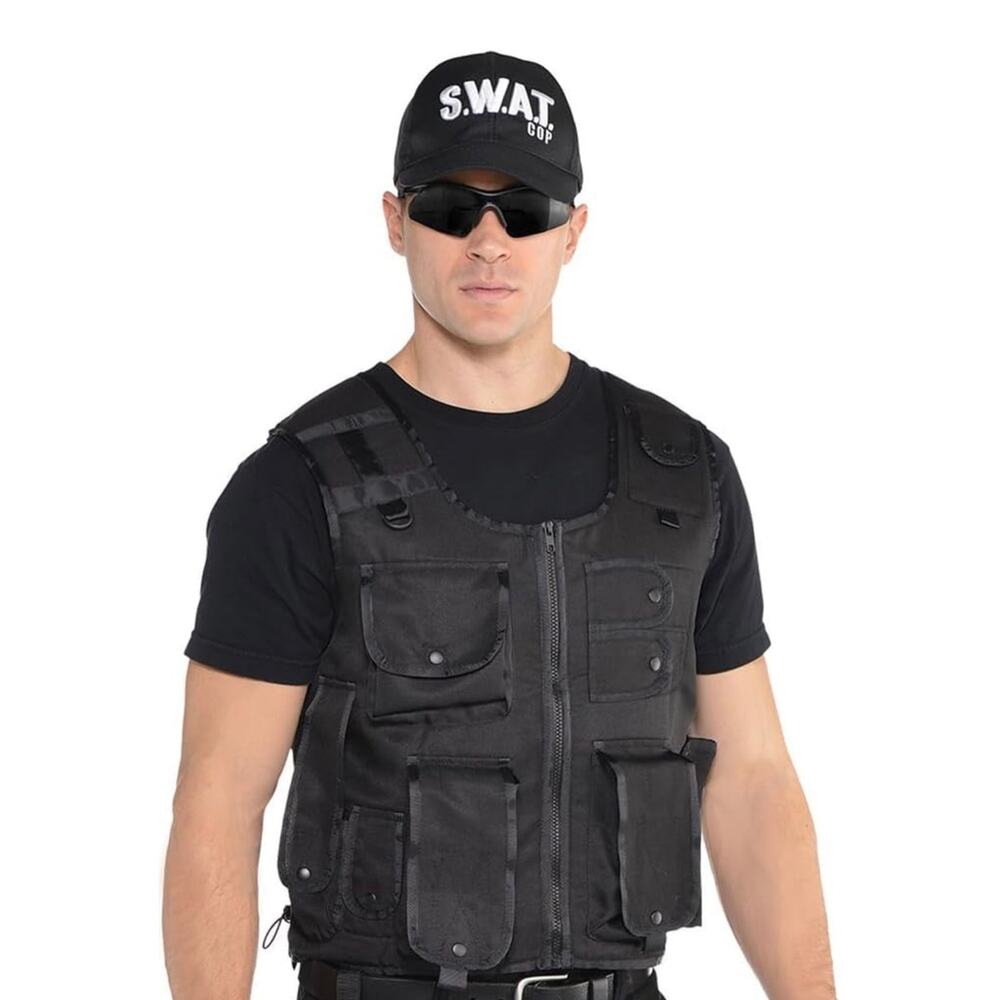 American SWAT Cop Adjustable Vest Hat Baton Halloween Role Play Acting